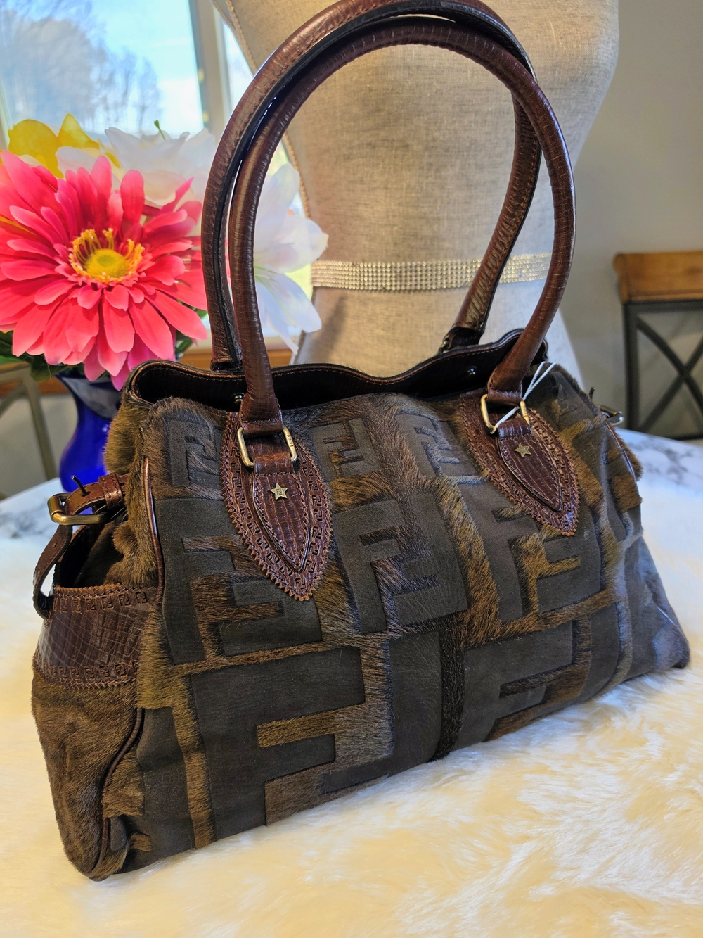 Fendi Zucca FF Pony Hair & Suede Satchel with Leather Handles EUC - Picture 14 of 16